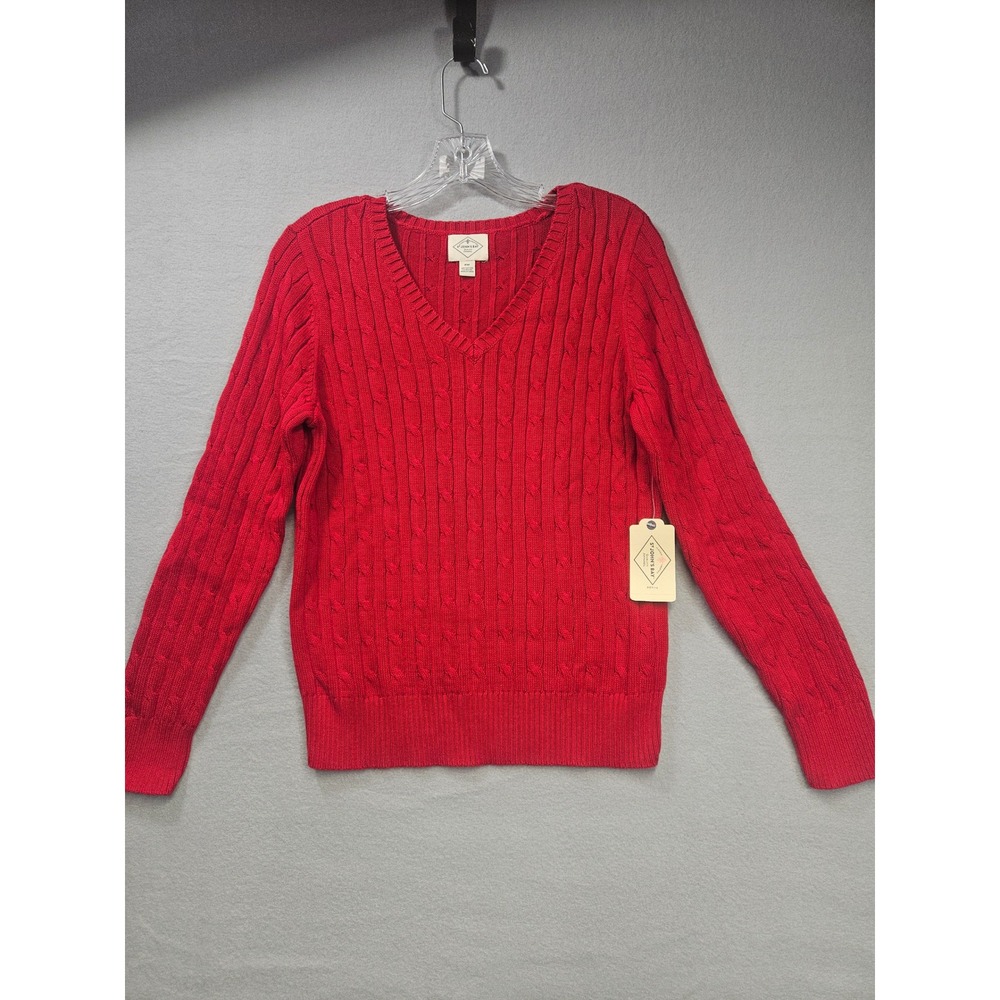 St Johns Bay Womens Petite Medium Rumba Red Cable Knit V-Neck Sweater NWT